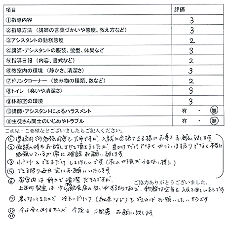 保護者アンケート(実物）